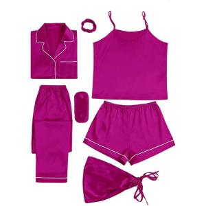 imageLYANER Womens Pajamas Set 7pcs Silk Satin Sleepwear Loungewear Cami Shirt Pj SetViolet Red