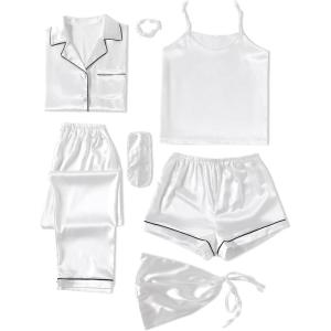 imageLYANER Womens Pajamas Set 7pcs Silk Satin Sleepwear Loungewear Cami Shirt Pj SetWhite