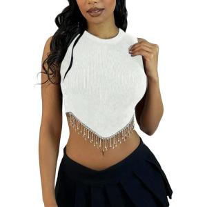 imageLYANER Womens Rhinestone Fringe High Low Hem Sleeveless Ribbed Crop Tops Tank BlouseWhite