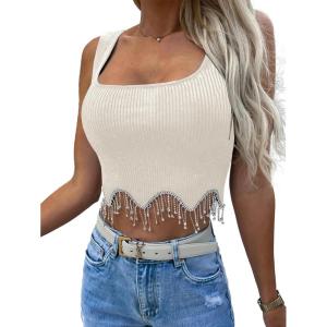 imageLYANER Womens Rhinestone Fringe Trim Ribbed Knit Square Neck Sleeveless Crop Tank TopBeige