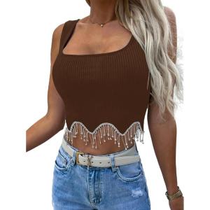 imageLYANER Womens Rhinestone Fringe Trim Ribbed Knit Square Neck Sleeveless Crop Tank TopBrown