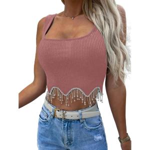 imageLYANER Womens Rhinestone Fringe Trim Ribbed Knit Square Neck Sleeveless Crop Tank TopDusty Pink