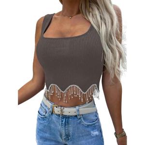 imageLYANER Womens Rhinestone Fringe Trim Ribbed Knit Square Neck Sleeveless Crop Tank TopGray