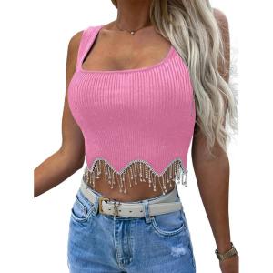 imageLYANER Womens Rhinestone Fringe Trim Ribbed Knit Square Neck Sleeveless Crop Tank TopPink