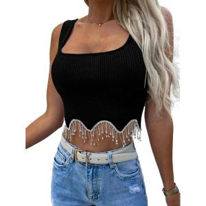 imageLYANER Womens Rhinestone Fringe Trim Ribbed Knit Square Neck Sleeveless Crop Tank TopSolid Black