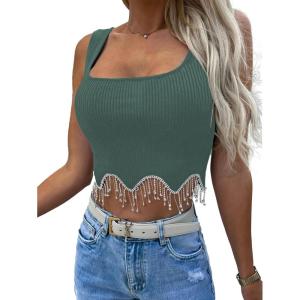 imageLYANER Womens Rhinestone Fringe Trim Ribbed Knit Square Neck Sleeveless Crop Tank TopTeal Blue