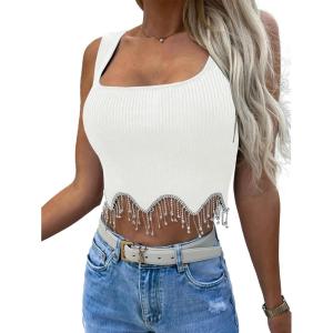 imageLYANER Womens Rhinestone Fringe Trim Ribbed Knit Square Neck Sleeveless Crop Tank TopWhite