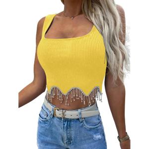 imageLYANER Womens Rhinestone Fringe Trim Ribbed Knit Square Neck Sleeveless Crop Tank TopYellow