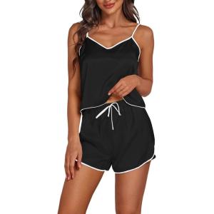 imageLYANER Womens Satin Silk Pajamas V Neck Cami Top with Shorts PJ Sst SleepwearBlack