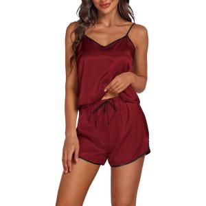 imageLYANER Womens Satin Silk Pajamas V Neck Cami Top with Shorts PJ Sst SleepwearBurgundy