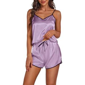 imageLYANER Womens Satin Silk Pajamas V Neck Cami Top with Shorts PJ Sst SleepwearLight Purple