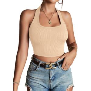 imageLYANER Womens Sexy Rib Knit Halter Square Neck Backless Fitted Sleeveless Crop Top TankBeige