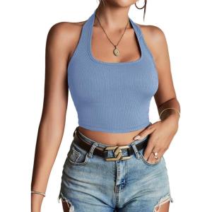 imageLYANER Womens Sexy Rib Knit Halter Square Neck Backless Fitted Sleeveless Crop Top TankDusty Blue