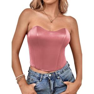 imageLYANER Womens Sexy Satin Sweetheart Neck Crop Tube Tops Strapless Bustier Cami Back Zipper Corset TopDusty Pink