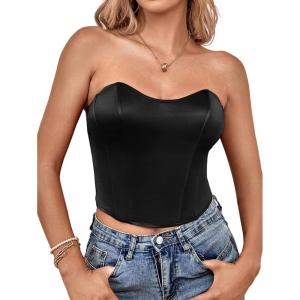 imageLYANER Womens Sexy Satin Sweetheart Neck Crop Tube Tops Strapless Bustier Cami Back Zipper Corset TopPure Black