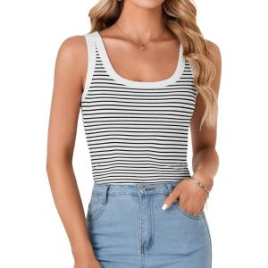 imageLYANER Womens Striped Slim Fit Ribbed Tank Top Scoop Neck Sleeveless Cami Casual ShirtWhite