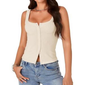 imageLYANER Womens Summer Cute Tops Square Neck Sleeveless Eyelet Button Down Tank Top BlousesBeige