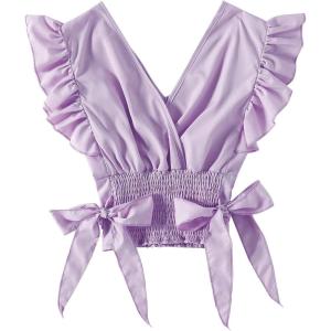imageLYANER Womens V Neck Polka Dots Ruffle Cap Sleeve Shirred Hem Blouse Crop Tank Top02 Lilac