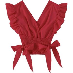 imageLYANER Womens V Neck Polka Dots Ruffle Cap Sleeve Shirred Hem Blouse Crop Tank Top02 Red