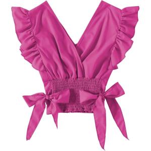 imageLYANER Womens V Neck Polka Dots Ruffle Cap Sleeve Shirred Hem Blouse Crop Tank Top02 Rose Pink