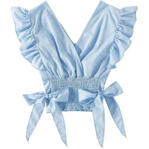 imageLYANER Womens V Neck Polka Dots Ruffle Cap Sleeve Shirred Hem Blouse Crop Tank Top02 Sky Blue