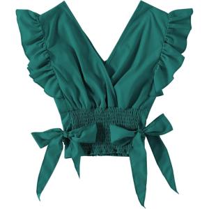 imageLYANER Womens V Neck Polka Dots Ruffle Cap Sleeve Shirred Hem Blouse Crop Tank Top02 Teal