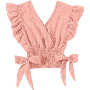 imageLYANER Womens V Neck Polka Dots Ruffle Cap Sleeve Shirred Hem Blouse Crop Tank TopBaby Pink