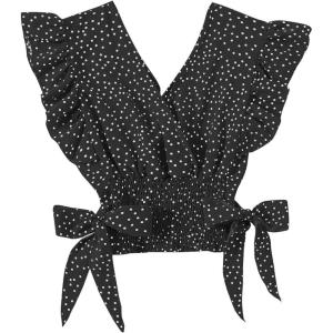 imageLYANER Womens V Neck Polka Dots Ruffle Cap Sleeve Shirred Hem Blouse Crop Tank TopBlack