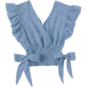 imageLYANER Womens V Neck Polka Dots Ruffle Cap Sleeve Shirred Hem Blouse Crop Tank TopDusty Blue