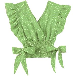 imageLYANER Womens V Neck Polka Dots Ruffle Cap Sleeve Shirred Hem Blouse Crop Tank TopGreen