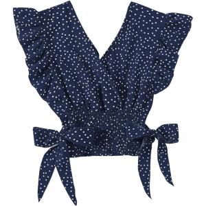imageLYANER Womens V Neck Polka Dots Ruffle Cap Sleeve Shirred Hem Blouse Crop Tank TopNavy