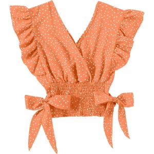 imageLYANER Womens V Neck Polka Dots Ruffle Cap Sleeve Shirred Hem Blouse Crop Tank TopOrange