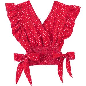 imageLYANER Womens V Neck Polka Dots Ruffle Cap Sleeve Shirred Hem Blouse Crop Tank TopPeach Red