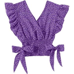 imageLYANER Womens V Neck Polka Dots Ruffle Cap Sleeve Shirred Hem Blouse Crop Tank TopViolet