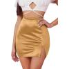 imageLYANER Womens Satin Silky Elastic Wasit Split Slit Hem Bodycon Short SkirtGold