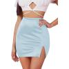 imageLYANER Womens Satin Silky Elastic Wasit Split Slit Hem Bodycon Short SkirtLight Blue