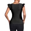 imageLYANER Womens Square Neck Ruffle Cap Sleeve Ribbed Knit Solid Slim Fit Tee TopBlack