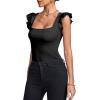 imageLYANER Womens Square Neck Ruffle Cap Sleeve Ribbed Knit Solid Slim Fit Tee TopBlack