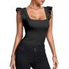 imageLYANER Womens Square Neck Ruffle Cap Sleeve Ribbed Knit Solid Slim Fit Tee TopBlack