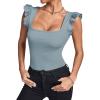 imageLYANER Womens Square Neck Ruffle Cap Sleeve Ribbed Knit Solid Slim Fit Tee TopBlue