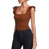 imageLYANER Womens Square Neck Ruffle Cap Sleeve Ribbed Knit Solid Slim Fit Tee TopBrown