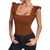imageLYANER Womens Square Neck Ruffle Cap Sleeve Ribbed Knit Solid Slim Fit Tee TopBrown
