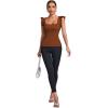 imageLYANER Womens Square Neck Ruffle Cap Sleeve Ribbed Knit Solid Slim Fit Tee TopBrown