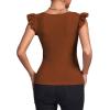 imageLYANER Womens Square Neck Ruffle Cap Sleeve Ribbed Knit Solid Slim Fit Tee TopBrown