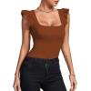 imageLYANER Womens Square Neck Ruffle Cap Sleeve Ribbed Knit Solid Slim Fit Tee TopBrown