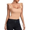 imageLYANER Womens Square Neck Ruffle Cap Sleeve Ribbed Knit Solid Slim Fit Tee TopKhaki