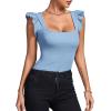 imageLYANER Womens Square Neck Ruffle Cap Sleeve Ribbed Knit Solid Slim Fit Tee TopLight Blue