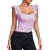 imageLYANER Womens Square Neck Ruffle Cap Sleeve Ribbed Knit Solid Slim Fit Tee TopLight Purple