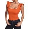 imageLYANER Womens Square Neck Ruffle Cap Sleeve Ribbed Knit Solid Slim Fit Tee TopOrange