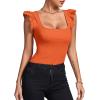 imageLYANER Womens Square Neck Ruffle Cap Sleeve Ribbed Knit Solid Slim Fit Tee TopOrange